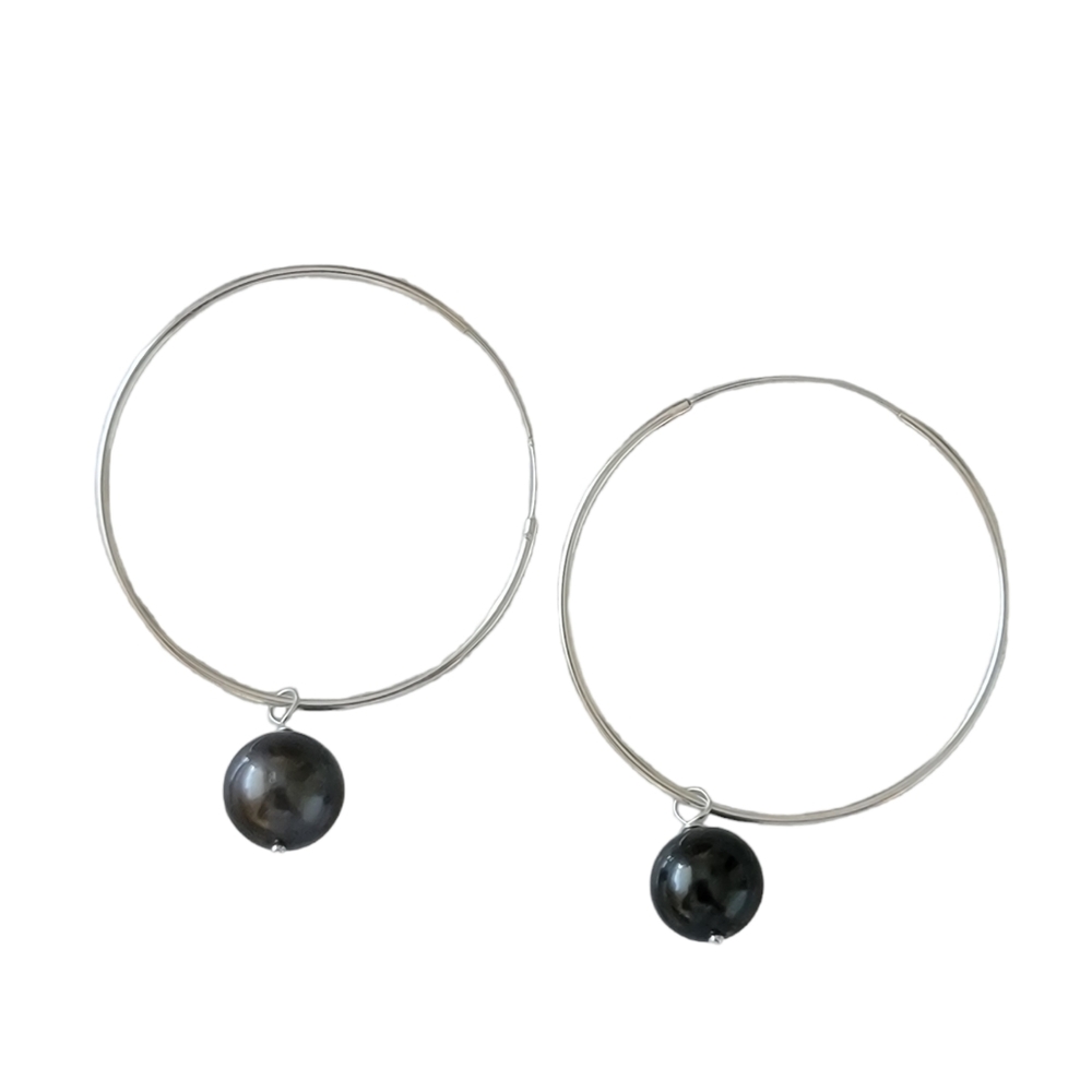 New Large Hoop Tahitian Pearl Earrings Sterling Silver